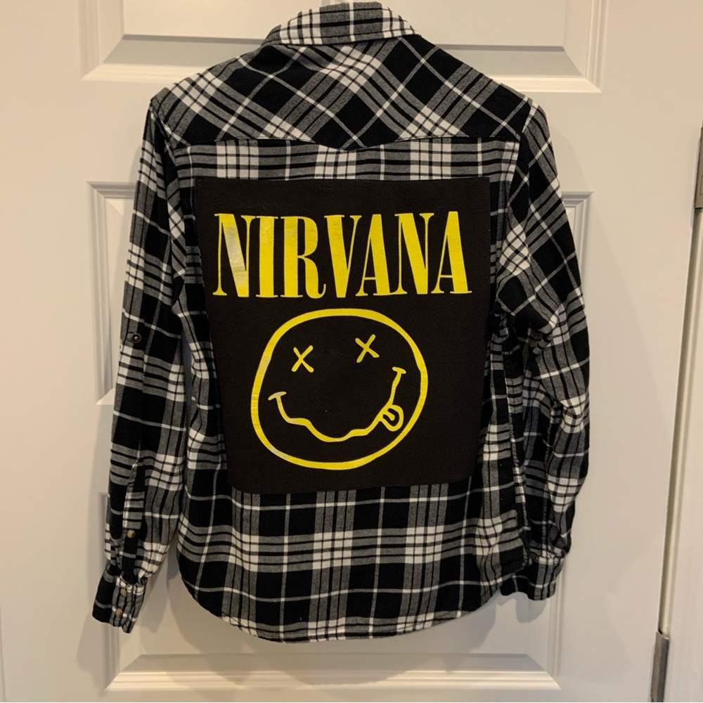 Custom made Nirvana graphic on Black and White Flannel Pearl Snap Shirt Sz S